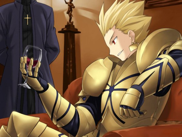 Anime picture 1024x768 with fate (series) fate/stay night fate/unlimited codes studio deen type-moon gilgamesh (fate) kotomine kirei higurashi ryuuji blonde hair resizing artifacts boy armor wine