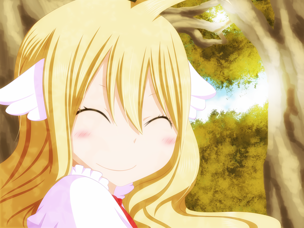 Anime picture 4800x3600 with fairy tail mavis vermillion osama00 single long hair blush highres blonde hair smile absurdres ahoge eyes closed loli coloring head wings girl dress plant (plants) wings tree (trees)