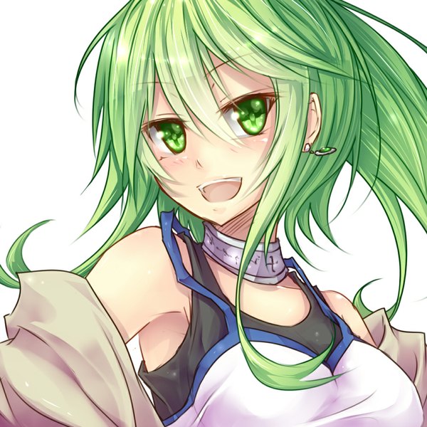 Anime picture 1000x1000 with yu-gi-oh! shintani tsushiya single long hair looking at viewer blush open mouth simple background white background bare shoulders green eyes green hair girl