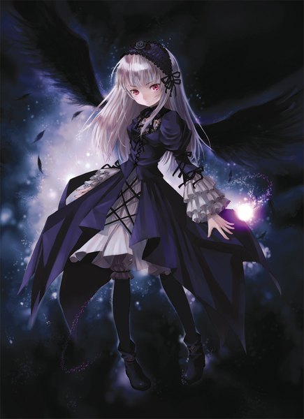 Anime picture 743x1023 with rozen maiden suigintou kishida mel single long hair tall image red eyes silver hair girl dress wings frills headdress feather (feathers)