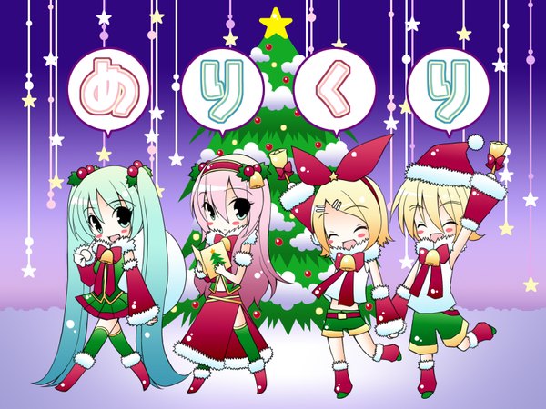 Anime picture 1600x1200 with vocaloid hatsune miku megurine luka kagamine rin kagamine len christmas chibi girl thighhighs