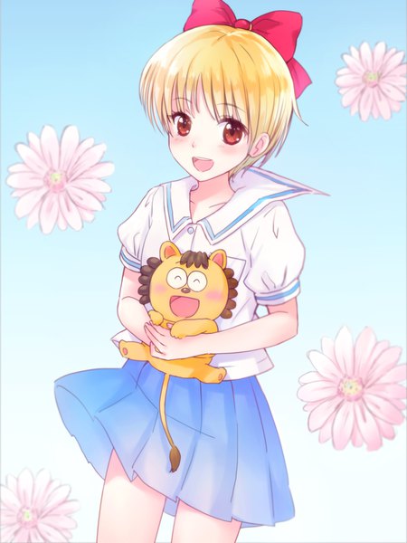 Anime picture 799x1065 with hime-chan no ribbon nonohara himeko pokota (hime-chan no ribbon) neko kuruto single tall image looking at viewer blush fringe short hair open mouth blonde hair red eyes holding :d wind blue background girl uniform flower (flowers)