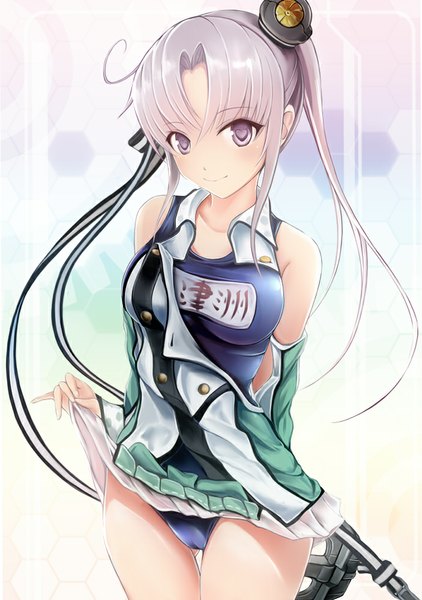 Anime picture 703x1000 with kantai collection akitsushima seaplane tender nannacy7 single long hair tall image fringe breasts light erotic smile purple eyes purple hair ahoge head tilt thigh gap symbol-shaped pupils skirt lift undressing swimsuit under clothes girl