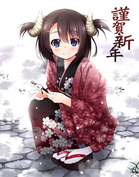 Anime picture 1500x1905 with original kamisaki sora single tall image looking at viewer blush fringe short hair blue eyes black hair smile hair between eyes holding traditional clothes japanese clothes horn (horns) wide sleeves snowing winter squat