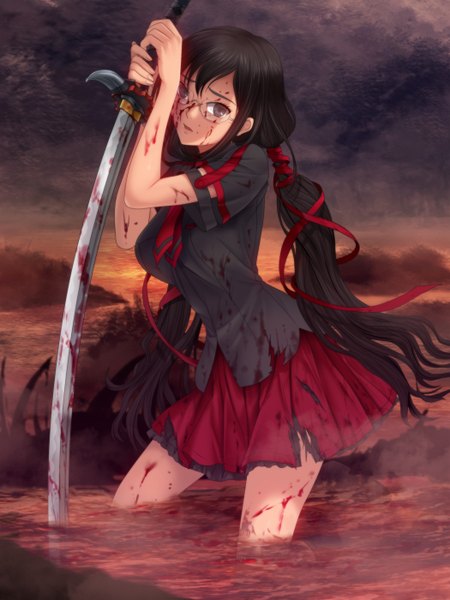 Anime picture 1050x1400 with blood c production i.g kisaragi saya mutsuki (moonknives) single long hair tall image black hair twintails black eyes torn clothes bloody clothes girl ribbon (ribbons) weapon hair ribbon sword glasses blood