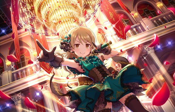 Anime picture 1280x824 with idolmaster idolmaster cinderella girls idolmaster cinderella girls starlight stage morikubo nono annindoufu (oicon) single long hair looking at viewer blush blonde hair smile brown eyes official art sparkle from below outstretched arm alternate hairstyle underbust girl thighhighs