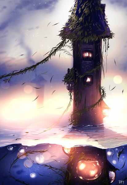 Anime picture 1420x2065 with original ryky tall image signed wind blurry light smoke underwater plant (plants) water leaf (leaves) building (buildings) bubble (bubbles) tower