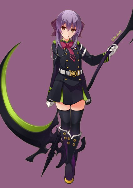 Anime picture 2893x4092 with owari no seraph wit studio hiiragi shinoa masabodo single tall image looking at viewer fringe highres short hair simple background smile standing holding brown eyes purple hair purple background girl thighhighs gloves