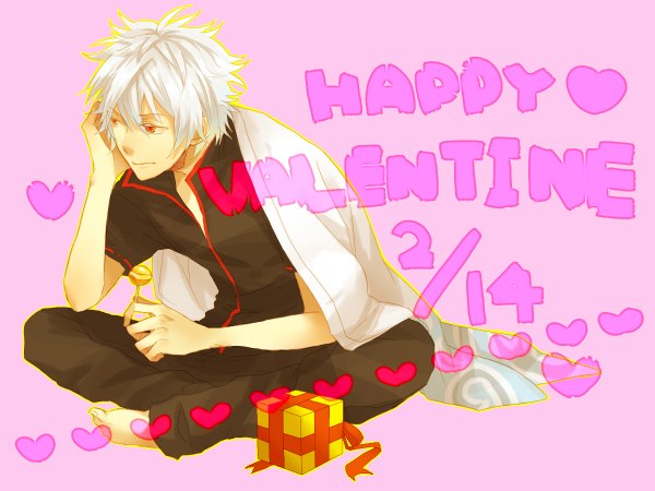 Anime picture 1200x900 with gintama sunrise (studio) sakata gintoki sparrow (artist) single short hair simple background red eyes sitting white hair barefoot pink background valentine clothes on shoulders boy gift lollipop