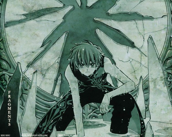 Anime picture 1280x1024 with tsubasa reservoir chronicle clamp syaoran single looking at viewer short hair signed monochrome third-party edit green background broken glass boy water