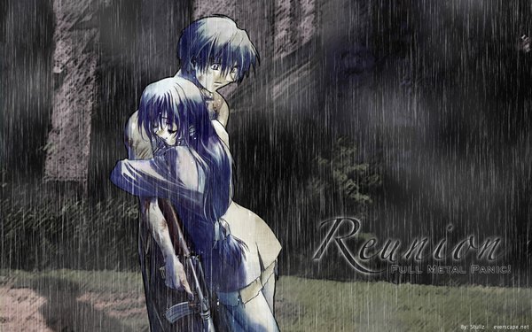 Anime picture 1680x1050 with full metal panic! gonzo chidori kaname sagara sousuke shikidouji wide image rain girl