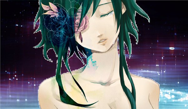 Anime picture 1920x1114 with vocaloid gumi single long hair highres open mouth wide image bare shoulders eyes closed hair flower green hair crying girl hair ornament flower (flowers) rose (roses) teardrop