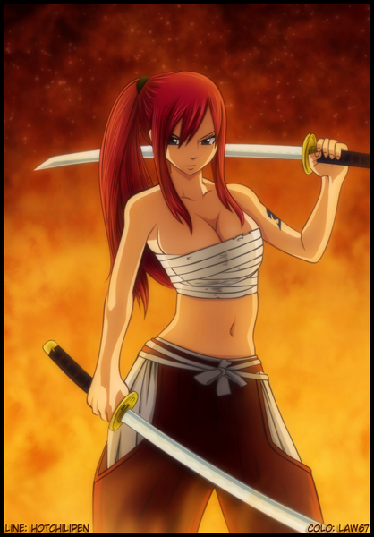 Anime picture 837x1200 with fairy tail erza scarlet law67 single long hair tall image looking at viewer light erotic holding brown eyes ponytail red hair midriff tattoo coloring dual wielding girl navel weapon sword