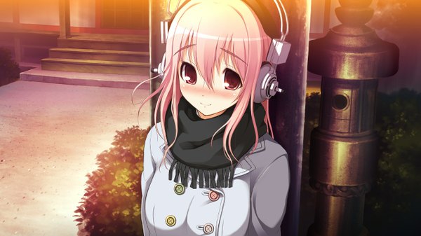 Anime picture 1280x720 with nitroplus super sonico single blush short hair red eyes wide image pink hair game cg girl headphones scarf