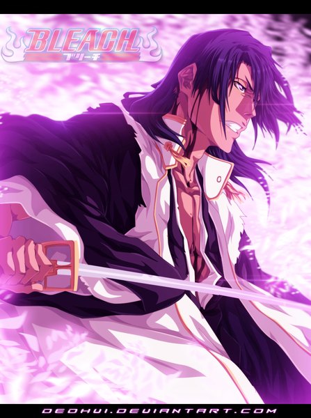 Anime picture 934x1253 with bleach studio pierrot kuchiki byakuya deohvi single long hair tall image purple eyes sky purple hair cloud (clouds) traditional clothes japanese clothes sunlight inscription grin coloring watermark letterboxed angry