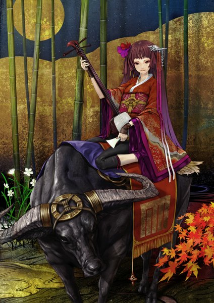 Anime picture 1600x2262 with original redjuice single long hair tall image smile red eyes brown hair japanese clothes horn (horns) girl flower (flowers) bow ribbon (ribbons) plant (plants) kimono moon musical instrument bamboo bull