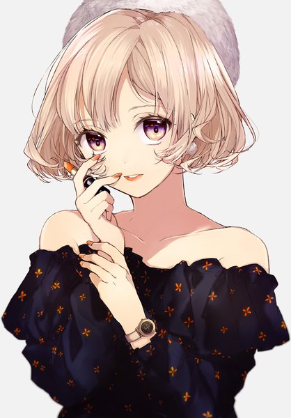 Anime picture 2452x3521 with original sogawa single tall image looking at viewer highres short hair blonde hair simple background purple eyes bare shoulders upper body nail polish grey background lipstick portrait holding arm hand on cheek fashion orange nail polish