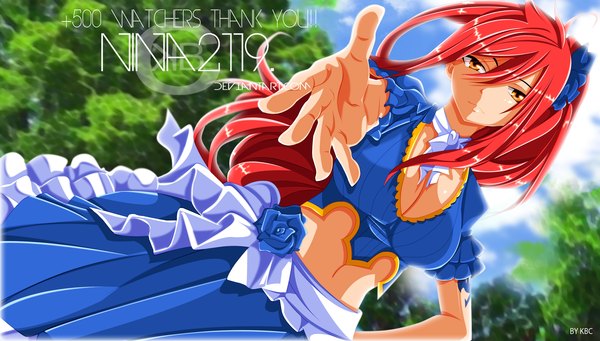 Anime picture 2470x1406 with fairy tail erza scarlet nina2119 single long hair looking at viewer fringe highres hair between eyes wide image signed yellow eyes sky cleavage cloud (clouds) ponytail red hair bare belly dutch angle hand on hip