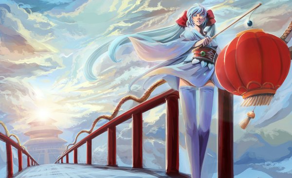 Anime picture 1600x975 with vocaloid hatsune miku nephy single blue eyes wide image twintails blue hair sky cloud (clouds) outdoors very long hair japanese clothes zettai ryouiki mountain girl thighhighs bow hair bow white thighhighs