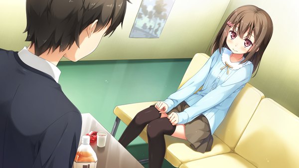 Anime picture 1920x1080 with koi suru kanojo no bukiyou na butai togawa mayuu miyakuni ichigo kantoku long hair blush highres short hair black hair brown hair wide image sitting game cg indoors pink eyes from behind embarrassed zettai ryouiki girl thighhighs