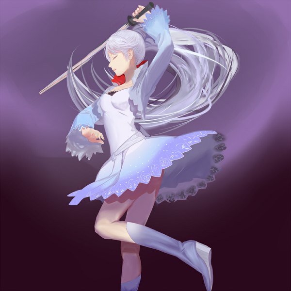 Anime picture 1000x1000 with rwby rooster teeth weiss schnee ask (askzy) akairo single long hair simple background standing purple hair bent knee (knees) ponytail eyes closed purple background girl dress weapon sword boots thigh boots