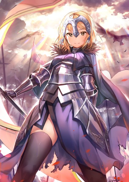 Anime picture 2480x3508 with fate (series) fate/apocrypha jeanne d'arc (fate) (all) jeanne d'arc (fate) dr poapo single tall image looking at viewer fringe highres short hair breasts blonde hair smile standing holding signed yellow eyes sky cloud (clouds)