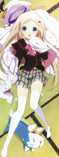 Anime picture 2000x5224 with little busters! key (studio) noumi kudryavka iizuka haruko single long hair tall image looking at viewer highres open mouth blue eyes light erotic blonde hair lying :d pleated skirt from above scan official art zettai ryouiki