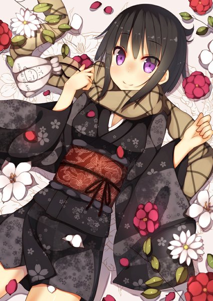 Anime picture 752x1062 with original samegami single tall image looking at viewer blush short hair black hair smile purple eyes traditional clothes japanese clothes new year girl flower (flowers) petals kimono scarf obi