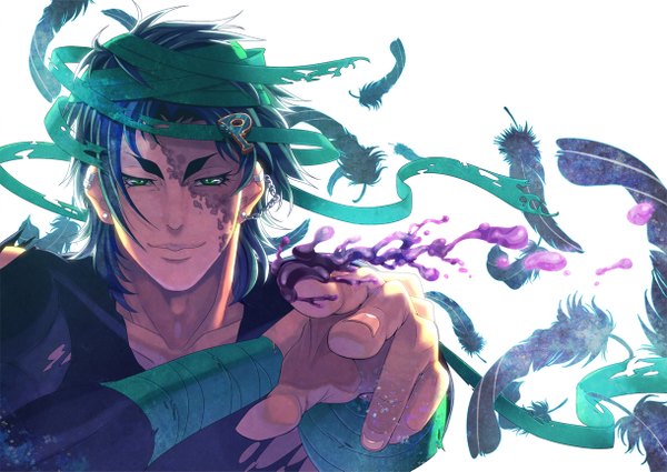 Anime picture 1220x865 with toriko coco (toriko) keiko rin single looking at viewer short hair simple background smile white background green eyes blue hair piercing scar boy ribbon (ribbons) earrings jewelry feather (feathers)