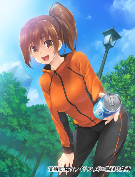 Anime picture 1340x1750 with original wacchi single long hair tall image looking at viewer blush open mouth brown hair brown eyes sky cloud (clouds) ponytail girl plant (plants) tree (trees)