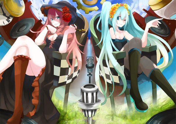 Anime picture 1351x951 with vocaloid hatsune miku megurine luka tansuke long hair blue eyes multiple girls pink hair hair flower green hair checkered girl hair ornament 2 girls hat wings boots knee boots chair microphone