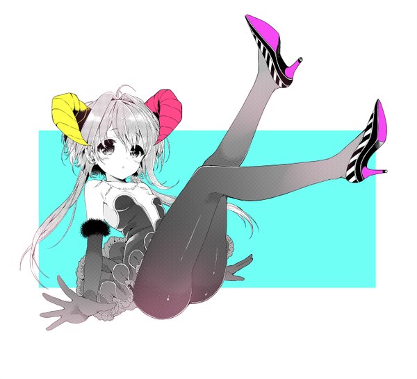 Anime picture 1332x1213 with original sakiyo cake single long hair looking at viewer light erotic bare shoulders ass ponytail horn (horns) grey hair grey eyes high heels polychromatic girl dress gloves pantyhose elbow gloves frills