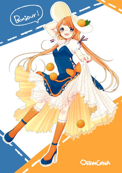 Anime picture 1240x1754 with original orangina shiika yuno single long hair tall image blush open mouth blue eyes twintails looking away nail polish orange hair high heels character names low twintails red nail polish flag print girl dress