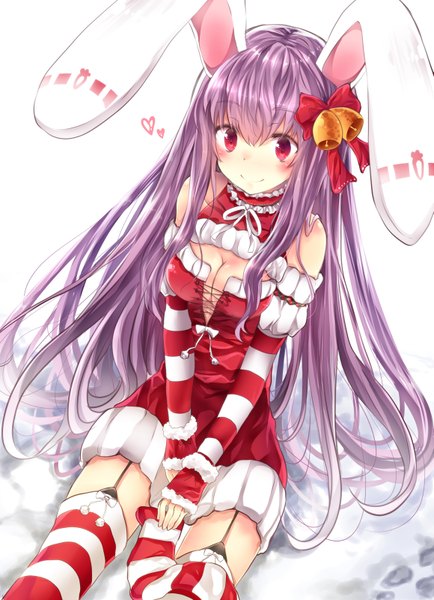 Anime picture 1159x1600 with touhou reisen udongein inaba e-co single long hair tall image blush fringe breasts light erotic smile red eyes white background sitting animal ears purple hair from above bunny ears christmas snow