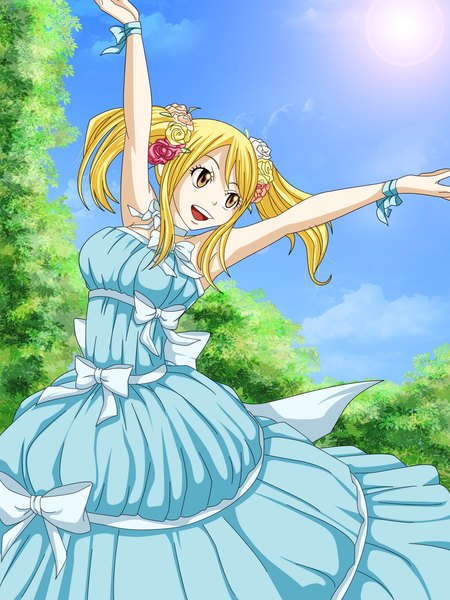 Anime picture 3200x4265 with fairy tail lucy heartfilia eikens single long hair tall image highres open mouth blonde hair smile twintails bare shoulders brown eyes absurdres sky cloud (clouds) hair flower sunlight armpit (armpits) coloring