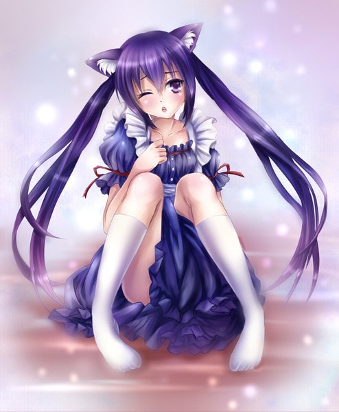 Anime picture 1400x1700 with k-on! kyoto animation nakano azusa daphne zhang single long hair tall image blush open mouth purple eyes twintails animal ears purple hair one eye closed wink cat ears cat girl loli girl dress