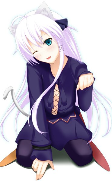 Anime picture 627x1014 with original anceril sacred akabane rin long hair tall image blush open mouth blue eyes animal ears white hair tail head tilt animal tail one eye closed wink cat ears cat girl cat tail borrowed character girl