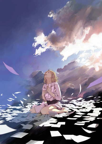 Anime picture 1582x2220 with original kuronokuro tall image blonde hair sitting sky cloud (clouds) wind hug looking up girl paper letter