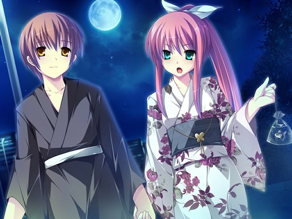 Anime picture 1024x768 with hana to otome ni shukufuku wo hana to otome ni shukufuku o royal bouquet tsukioka akira blue eyes brown hair yellow eyes game cg red hair japanese clothes night girl boy kimono moon