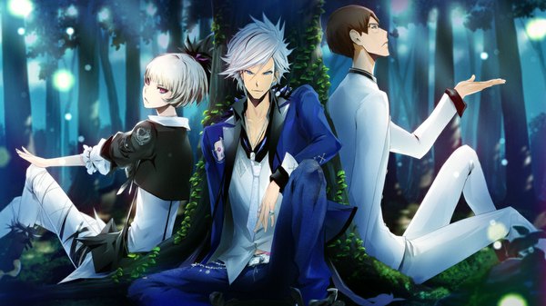 Anime picture 1024x576 with tokyo yamanote boys iori kirishima lucy (tokyo yamanote boys) takumi kujo tagme (artist) looking at viewer short hair blue eyes blonde hair brown hair wide image sitting silver hair bent knee (knees) white hair profile pink eyes looking back multiple boys outstretched arm