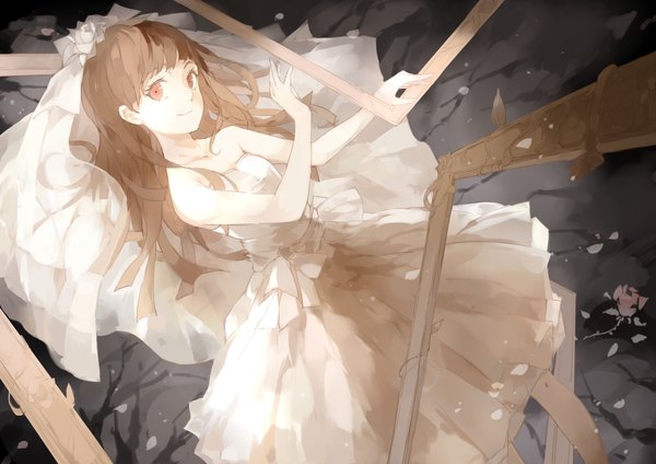 Anime picture 4169x2952 with ib (game) ib (ib) nine (liuyuhao1992) single long hair looking at viewer highres smile red eyes brown hair absurdres weightlessness wedding empty picture frame girl dress petals wedding dress wedding veil picture frame