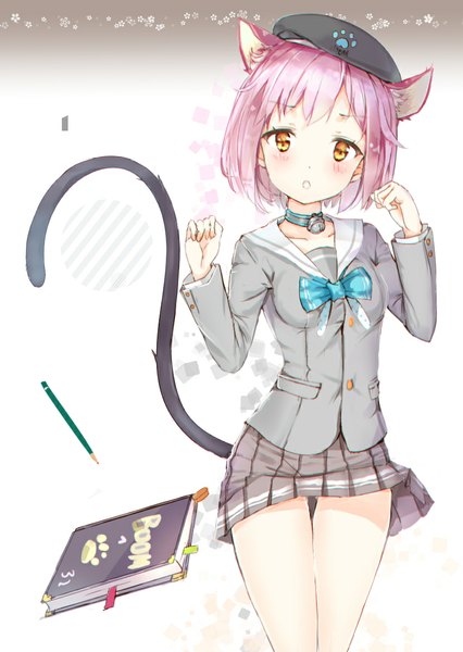 Anime picture 831x1171 with original z shichao single tall image looking at viewer blush short hair breasts standing animal ears pink hair tail long sleeves head tilt animal tail pleated skirt multicolored hair cat ears arms up cat girl
