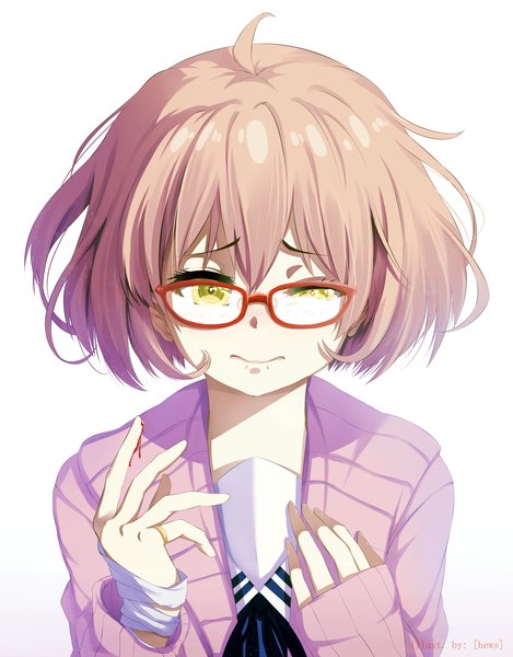 Anime picture 1075x1375 with kyoukai no kanata kyoto animation kuriyama mirai hews single tall image short hair simple background brown hair white background yellow eyes tears portrait girl glasses blood sweater bandage (bandages)