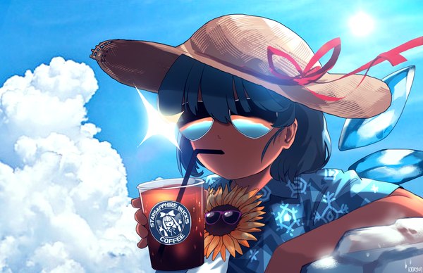 Anime picture 1697x1097 with touhou starbucks cirno star sapphire tanned cirno mo ne single short hair signed blue hair sky cloud (clouds) dark skin summer snowflake print brand name imitation girl hat shirt wings