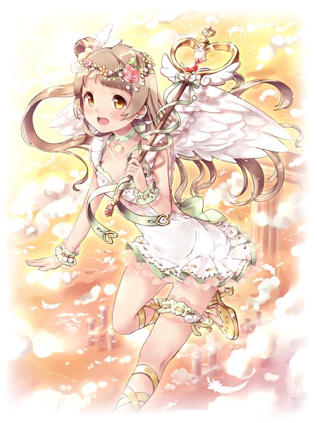 Anime picture 1200x1600 with love live! school idol project sunrise (studio) love live! minami kotori sakuramochi n single long hair tall image blush open mouth brown hair yellow eyes cloud (clouds) :d high heels one side up angel wings girl dress hair ornament