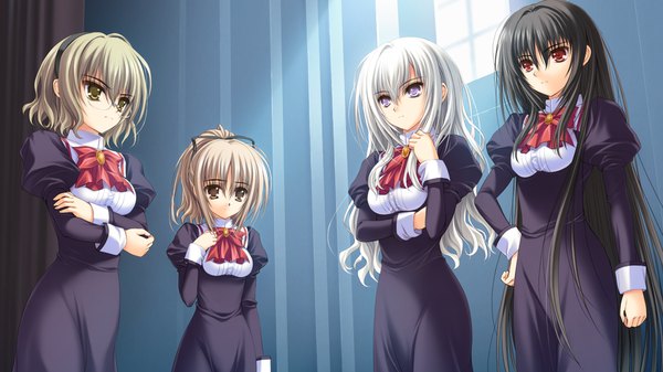 Anime picture 1024x576 with otome wa boku ni koishiteru otome wa boku ni koishiteru futari no elder kisakinomiya chihaya black hair blonde hair red eyes wide image purple eyes multiple girls brown eyes game cg silver hair otoko no ko girl boy glasses serafuku 3 girls