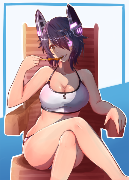 Anime picture 1607x2237 with kantai collection tenryuu light cruiser edwin (cyberdark impacts) single tall image looking at viewer blush fringe short hair breasts light erotic black hair large breasts sitting yellow eyes cleavage light smile crossed legs eating girl