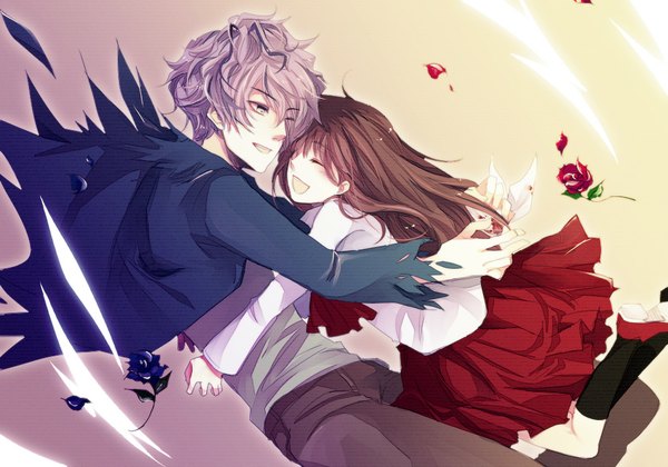Anime picture 1000x700 with ib (game) garry (ib) ib (ib) long hair blush short hair open mouth simple background brown hair silver hair eyes closed grey eyes couple hug torn clothes girl boy flower (flowers) petals rose (roses)