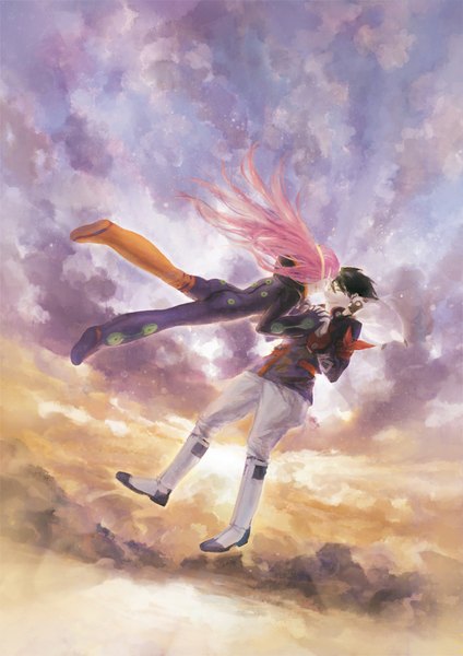 Anime picture 707x1000 with eureka seven studio bones anemone dominic sorel gulliver lip (batteryli) long hair tall image short hair black hair smile pink hair sky cloud (clouds) eyes closed sunlight couple holding hands happy falling