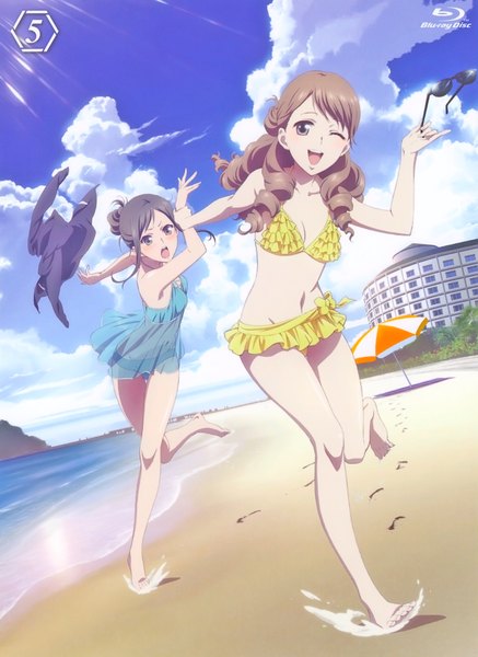 Anime picture 1552x2128 with hanasaku iroha p.a. works tsurugi minko wakura yuina long hair tall image blush open mouth light erotic black hair brown hair multiple girls brown eyes sky cloud (clouds) scan official art eyewear removed girl navel